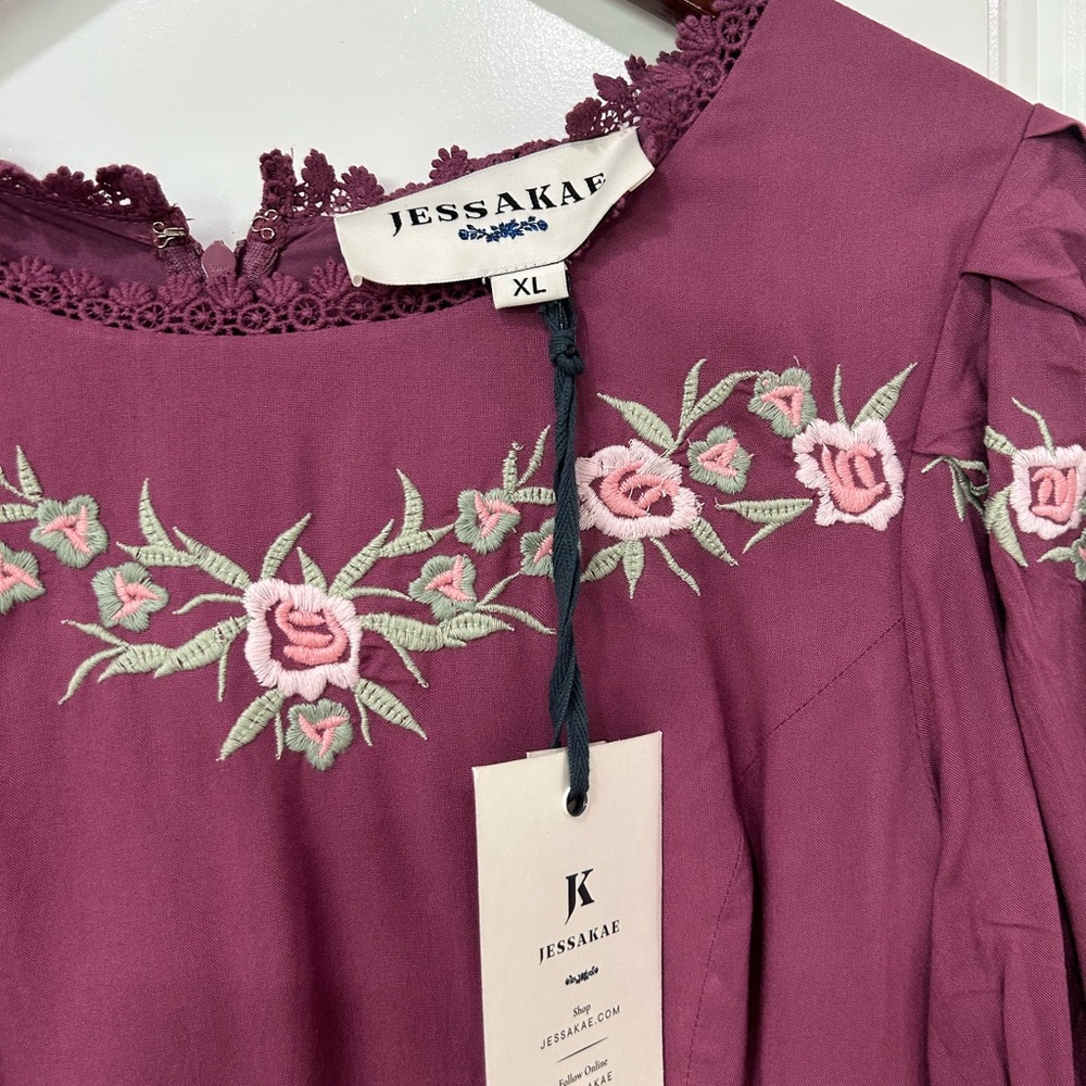 JessaKae Plum Dress with Floral Embroidery